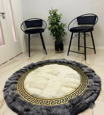 100%Natural Handmade Circle White Gray Sheepskin Living Room Round Rug