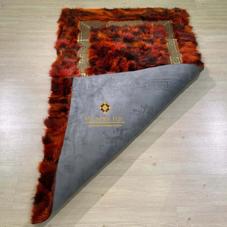 Luxury Red Ultra Soft Fluffy Genuine Fox Fur Area Rug for Bedroom