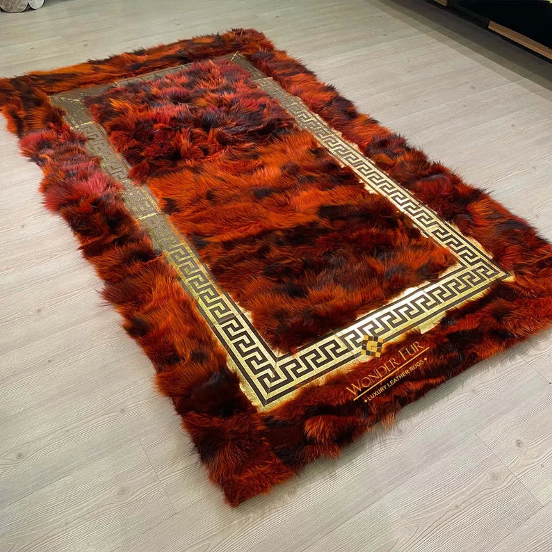 Luxury Red Ultra Soft Fluffy Genuine Fox Fur Area Rug for Bedroom