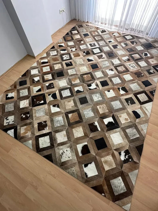 Unique Design Brown Handmade 100% Genuine Cowhide Rug, Patchwork Area Rug, Home Decor