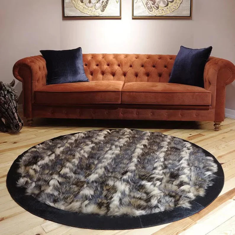 Brown And Black Soft Fluffy Original Fox Fur Office Rug , Handmade Rug