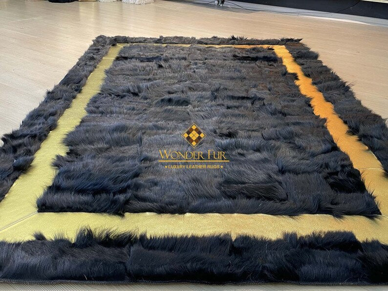 Natural Lamb Fur Gold Leaf Black Carpet - Turkish popular Natural Lambskin Handmade Genuine Leather Rug - Handmade Living Room Lounge Carpet