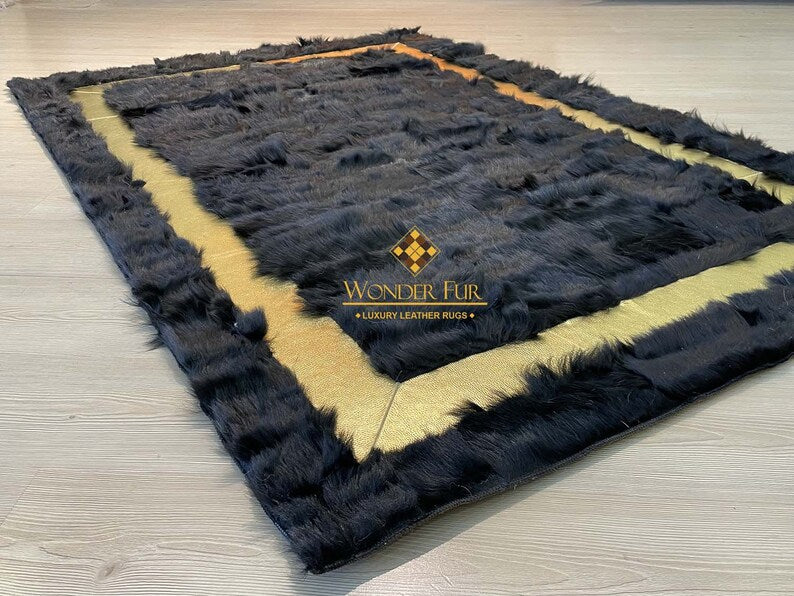 Scandinavian Handmade Natural Sheepskin Black And Gold 6x8 Bedroom Rug