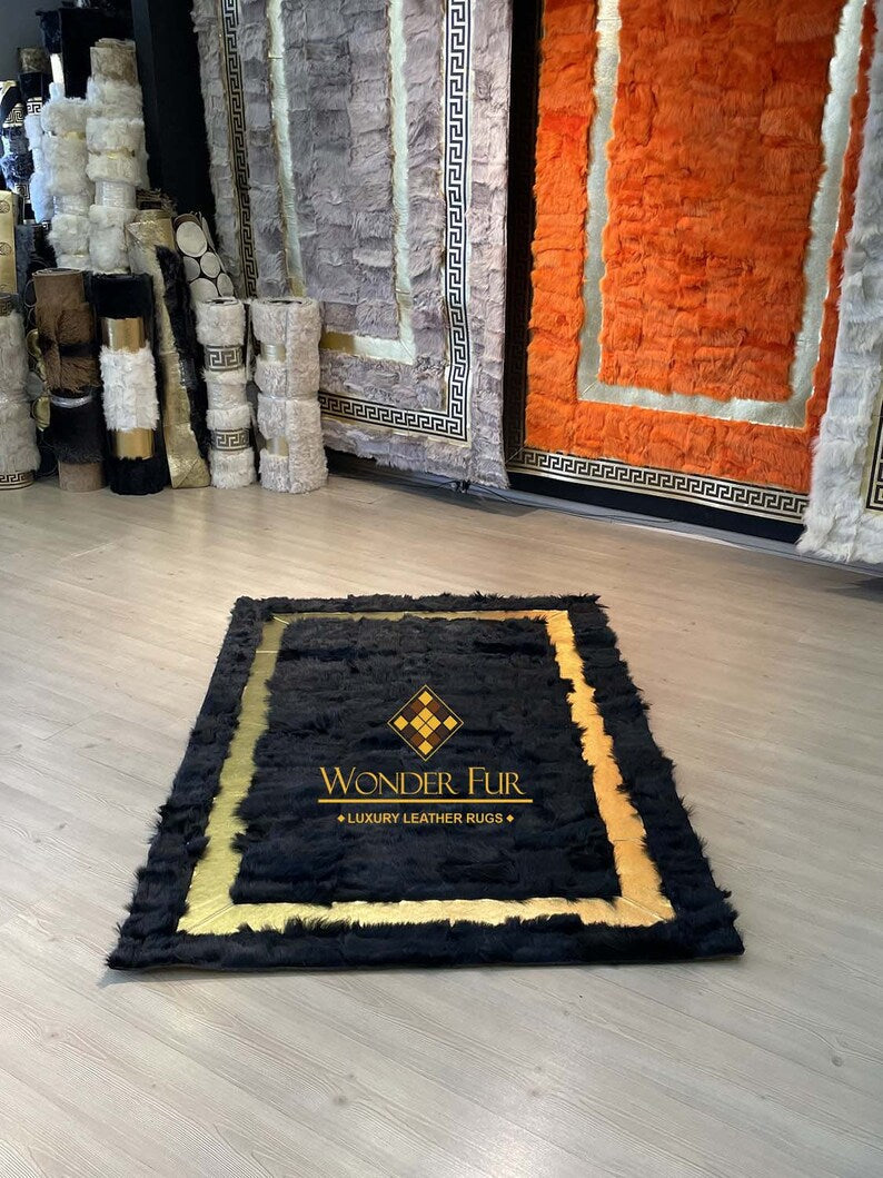 Natural Lamb Fur Gold Leaf Black Carpet - Turkish Natural Lambskin Handmade Genuine Leather Rug - Handmade Living Room high quality Lounge Carpet