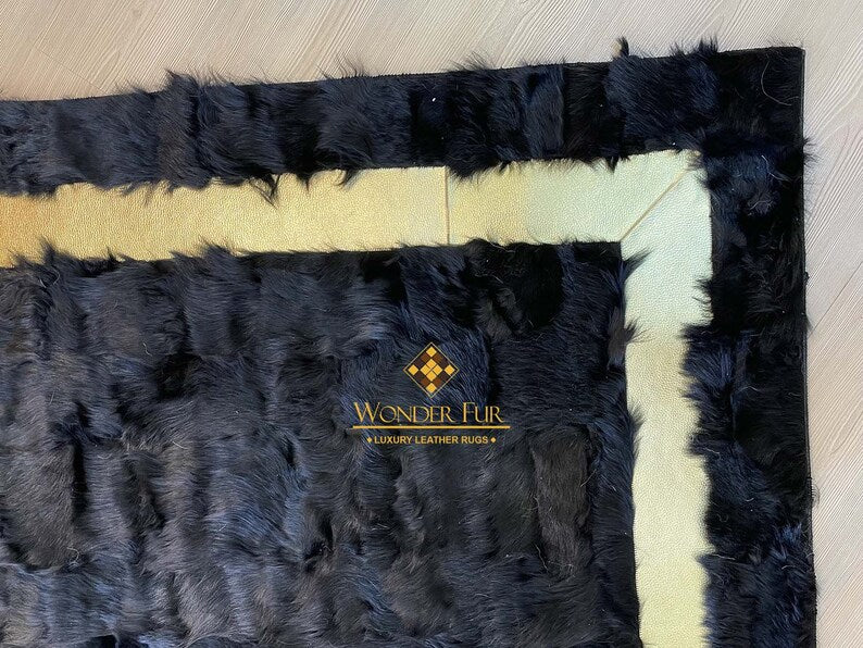 Scandinavian Handmade Natural Sheepskin Black And Gold 6x8 Bedroom Rug