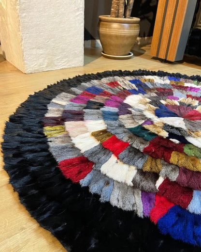 Multicolor with Black Border Soft Genuine Round Fox Fur Patchwork Rug