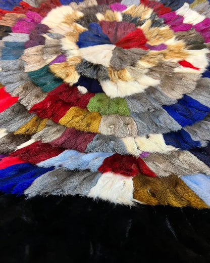 Multicolor with Black Border Soft Genuine Round Fox Fur Patchwork Rug