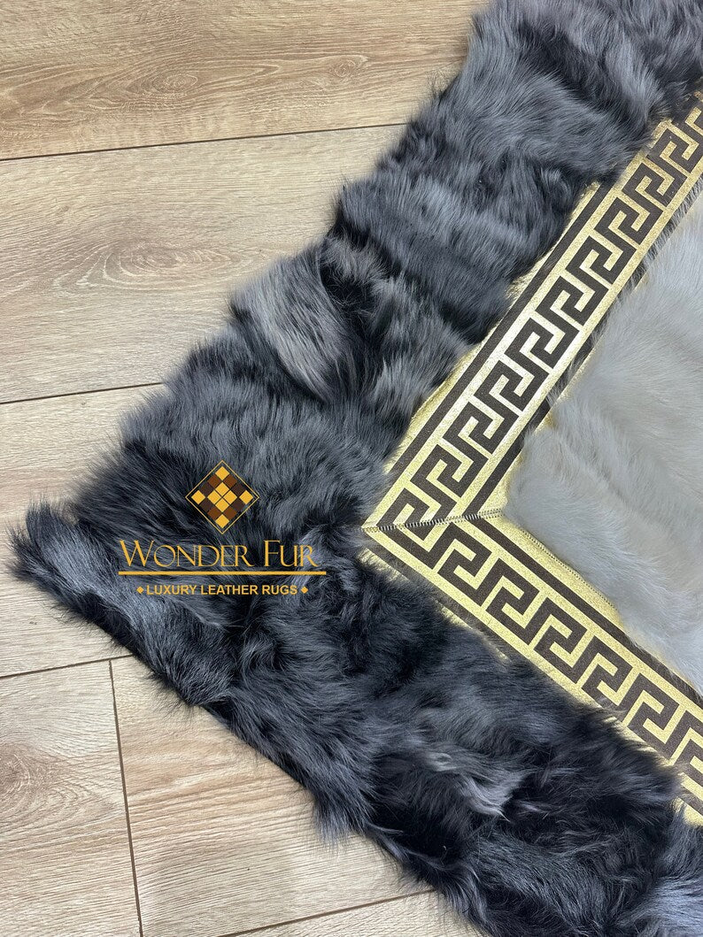 Handmade Custom Gray Natural Sheepskin Rug with Gold-Edged Creamy Rug