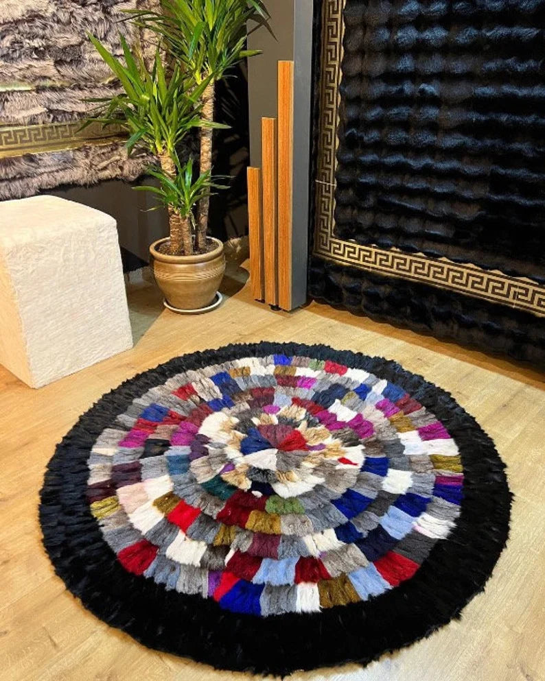 Multicolor with Black Border Soft Genuine Round Fox Fur Patchwork Rug