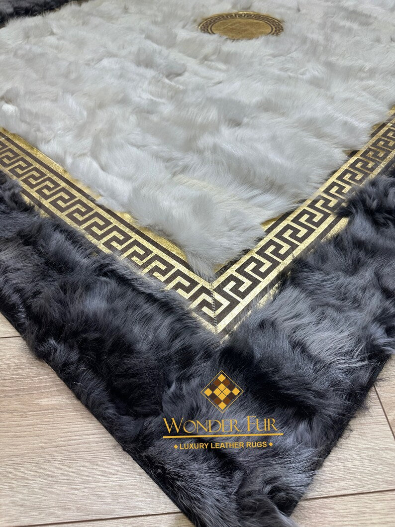 Handmade Custom Gray Natural Sheepskin Rug with Gold-Edged Creamy Rug