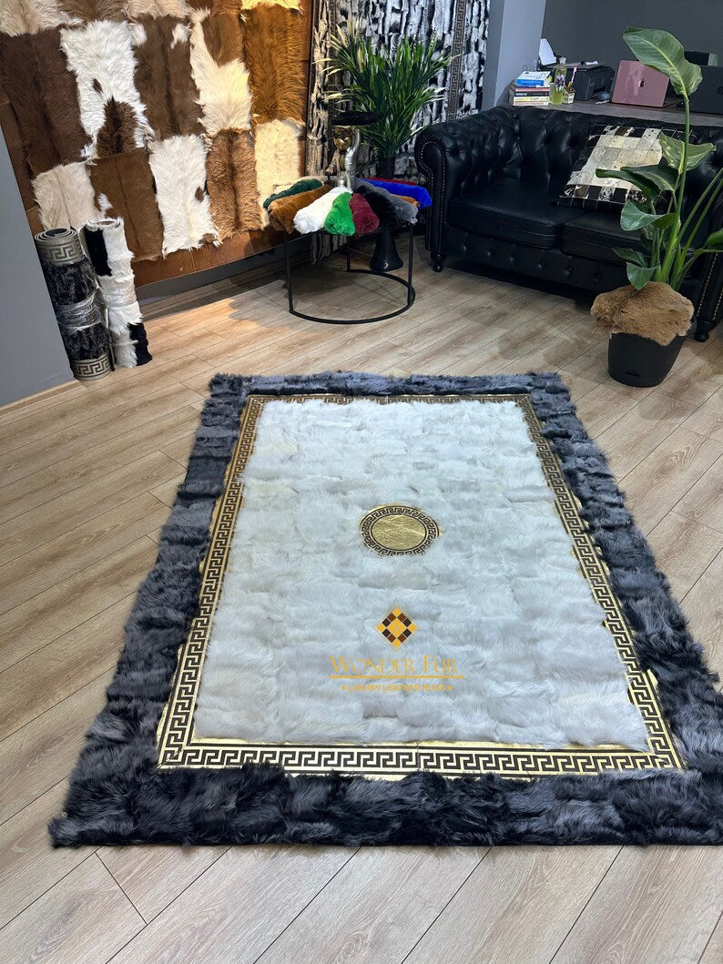 Handmade Custom Gray Natural Sheepskin Rug with Gold-Edged Creamy Rug