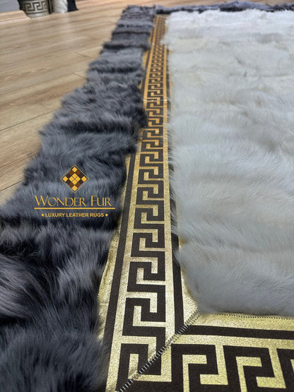 Handmade Custom Gray Natural Sheepskin Rug with Gold-Edged Creamy Rug