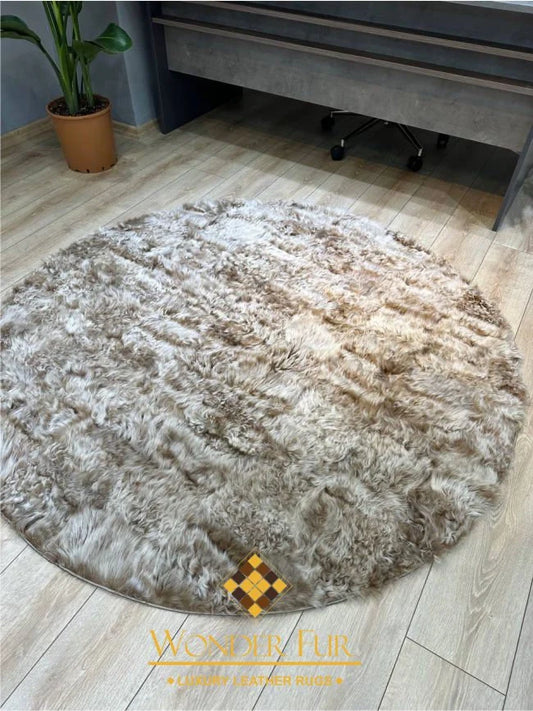 Brown Circle Real Sheepskin Shaggy Rug, Handmade Round Genuine Fur Rug