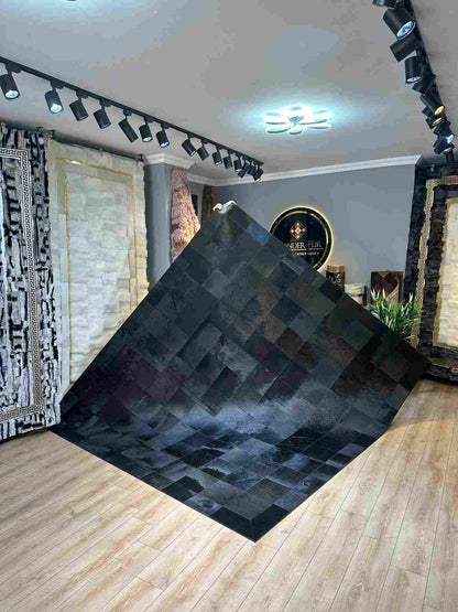 Luxury Natural Cowhide Patchwork rug for Living Room Decor, Black Area Rug