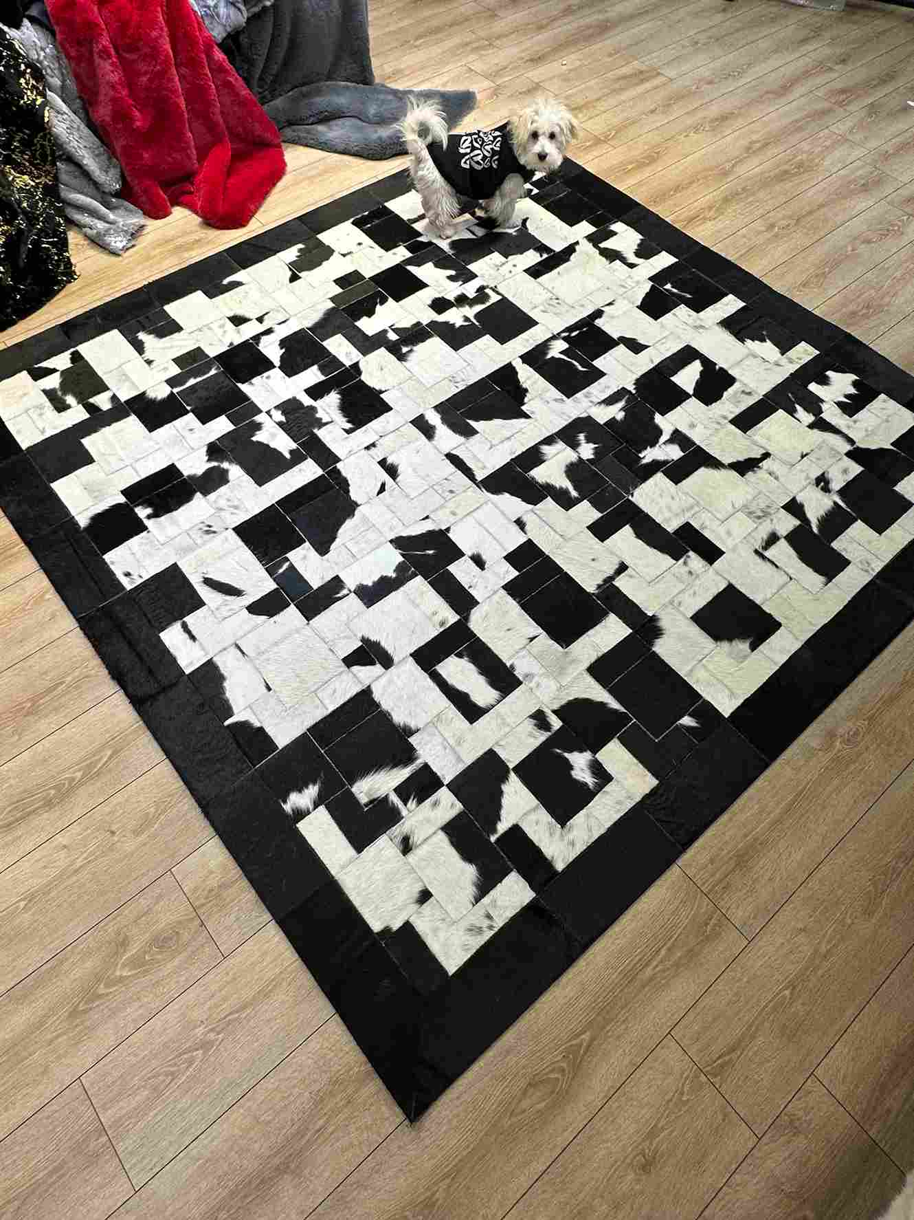 Unique Black White 100% Natural Cowhide Area Rug, Handmade Non Slip Living Room Rug