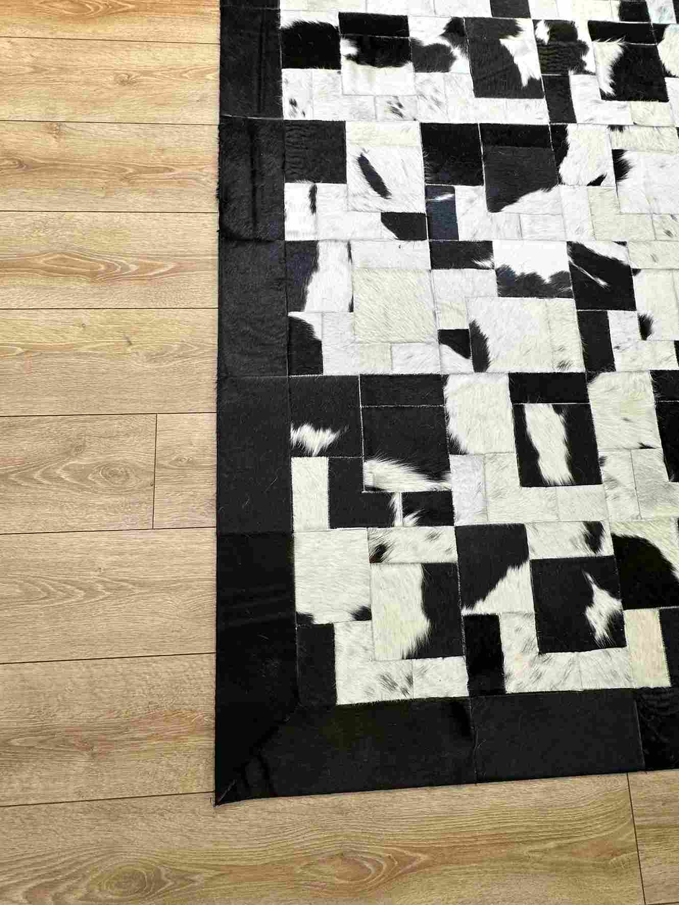 Unique Black White 100% Natural Cowhide Area Rug, Handmade Non Slip Living Room Rug