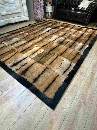 Brown Soft Natural Goatkin Area Rug with Black Border, Handmade Elegance