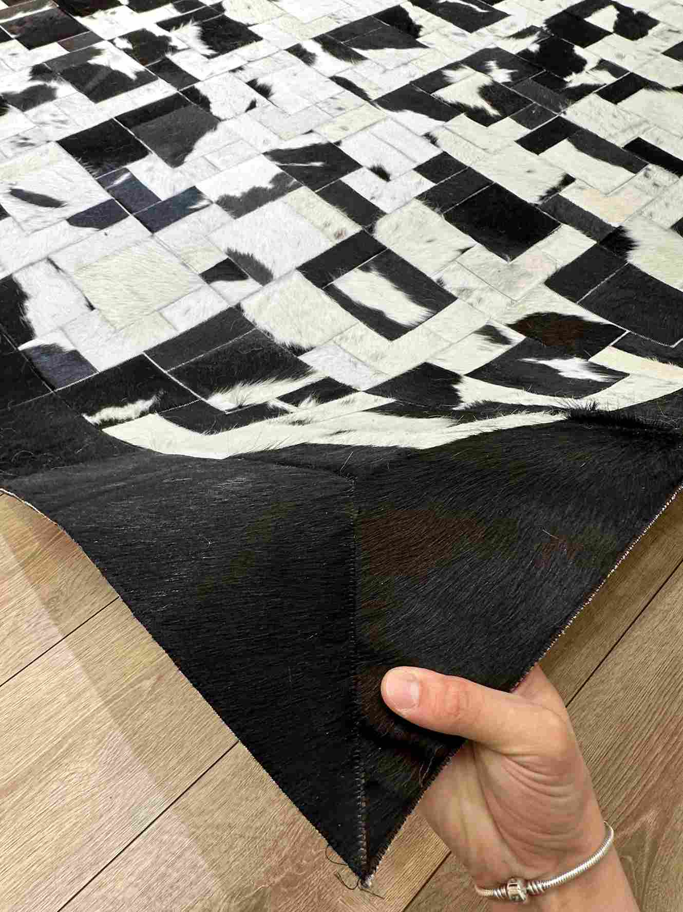 Unique Black White 100% Natural Cowhide Area Rug, Handmade Non Slip Living Room Rug