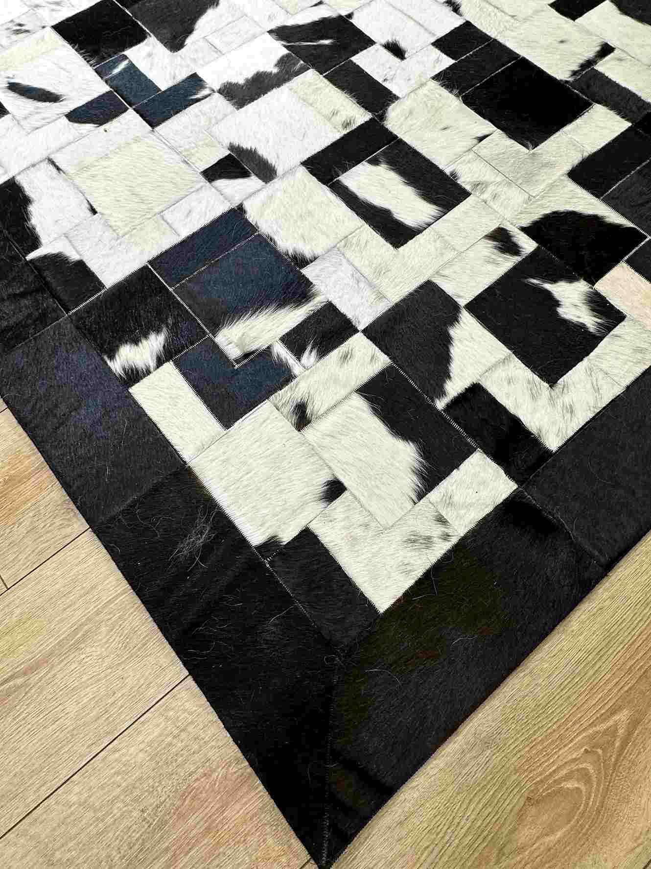 Unique Black White 100% Natural Cowhide Area Rug, Handmade Non Slip Living Room Rug