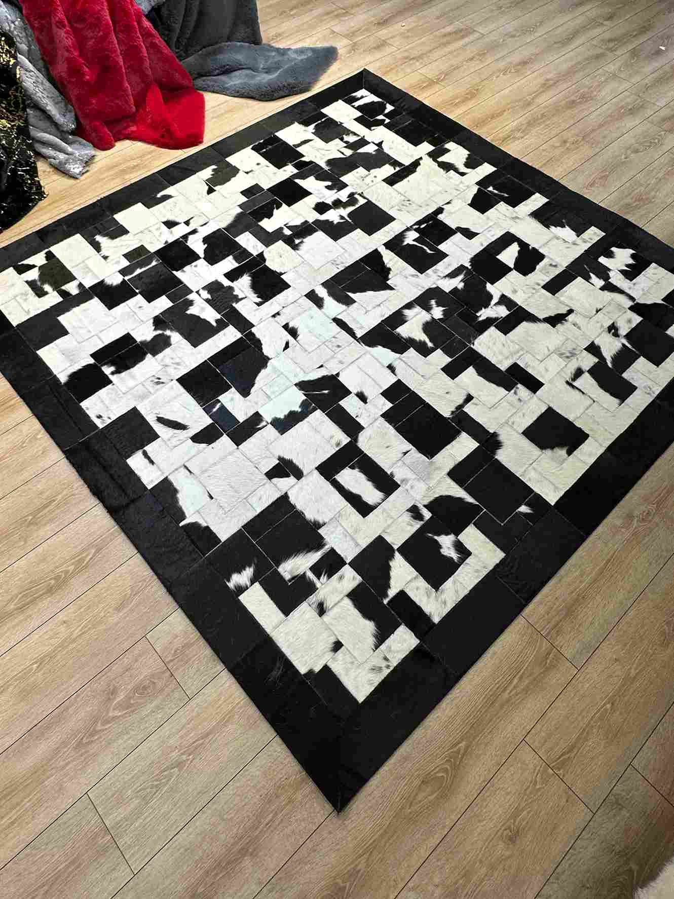 Unique Black White 100% Natural Cowhide Area Rug, Handmade Non Slip Living Room Rug