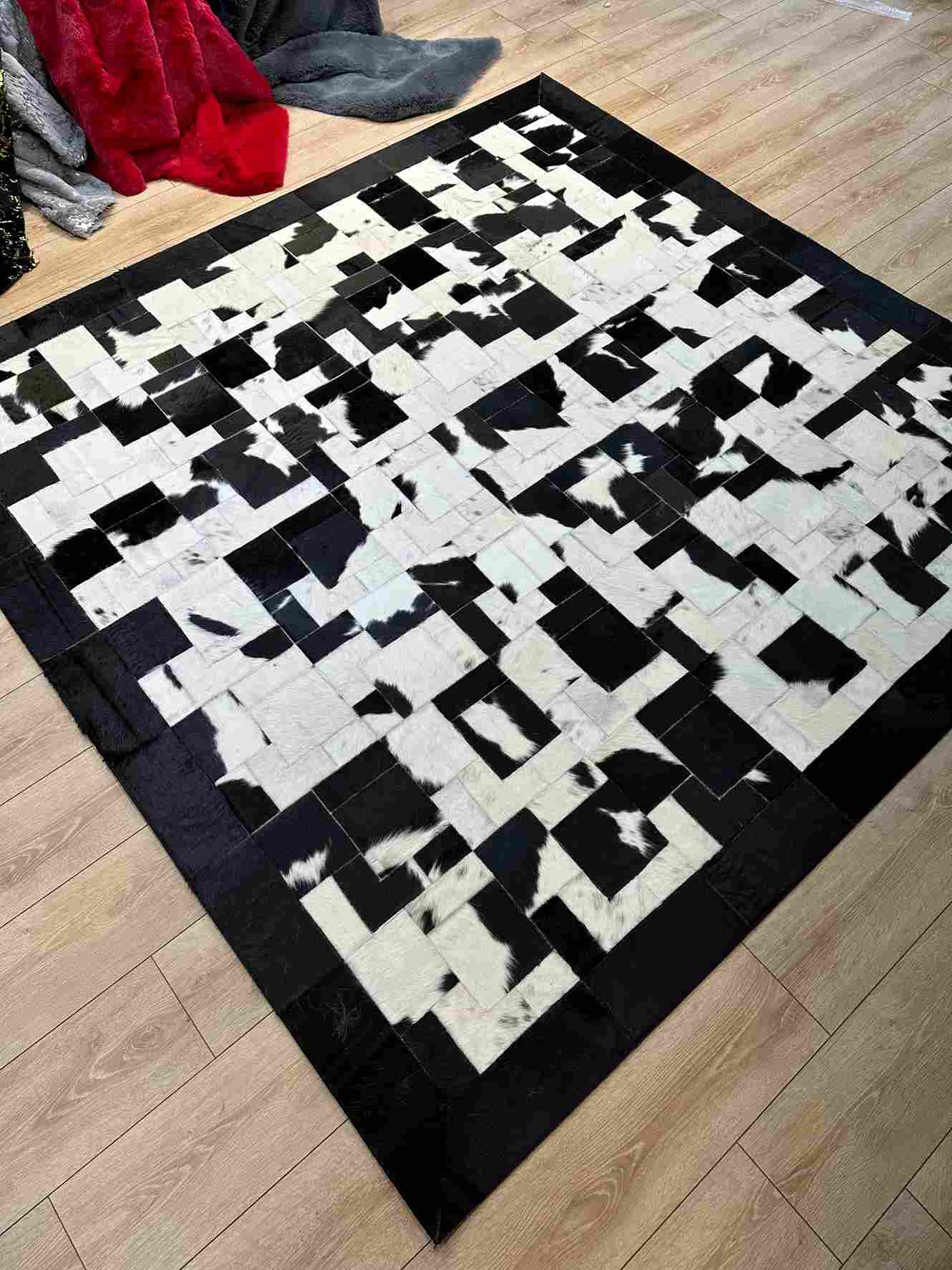 Unique Black White 100% Natural Cowhide Area Rug, Handmade Non Slip Living Room Rug