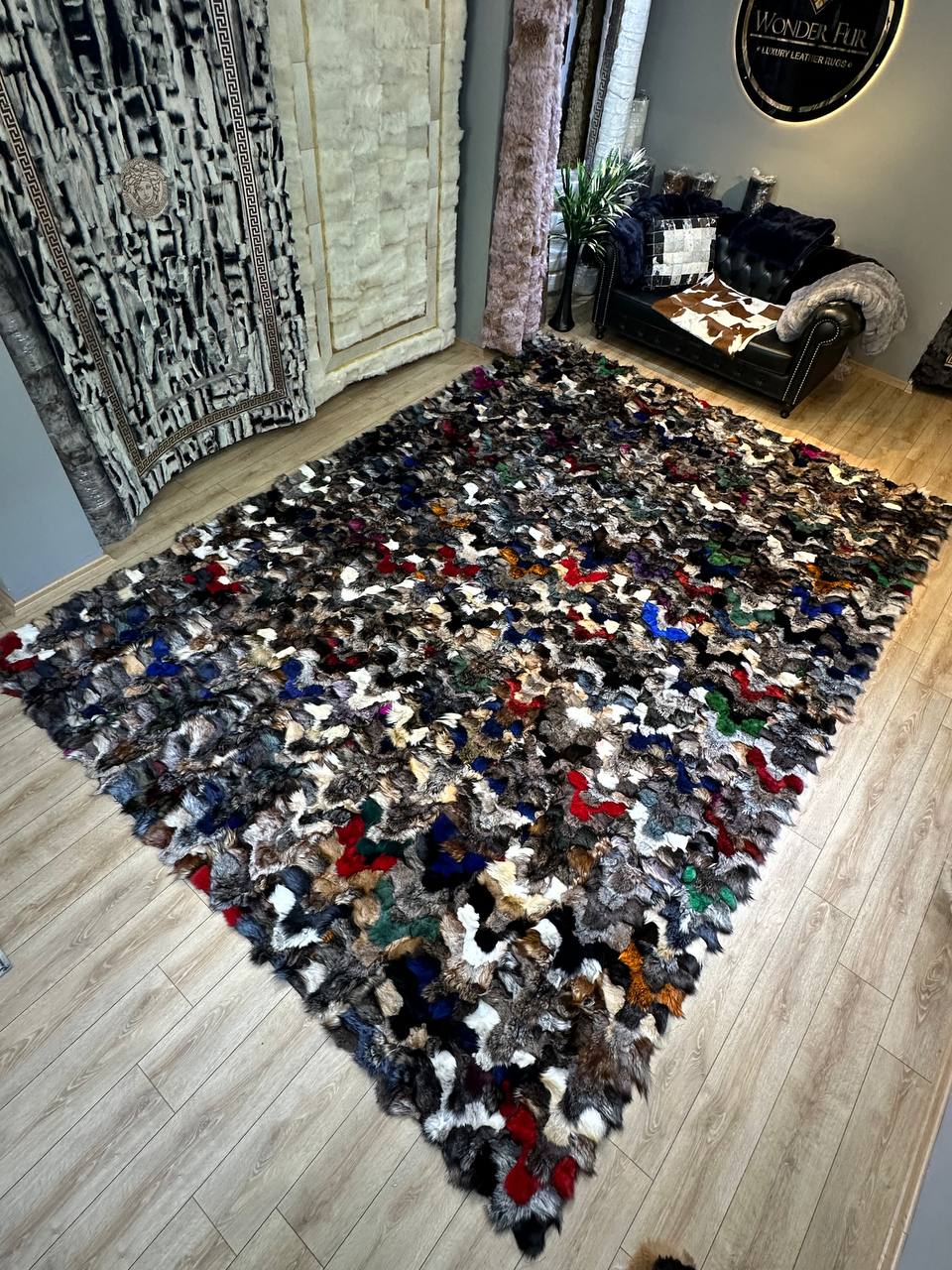 Multicolor genuine fluffy fox fur area rug 8x10 for child room décor