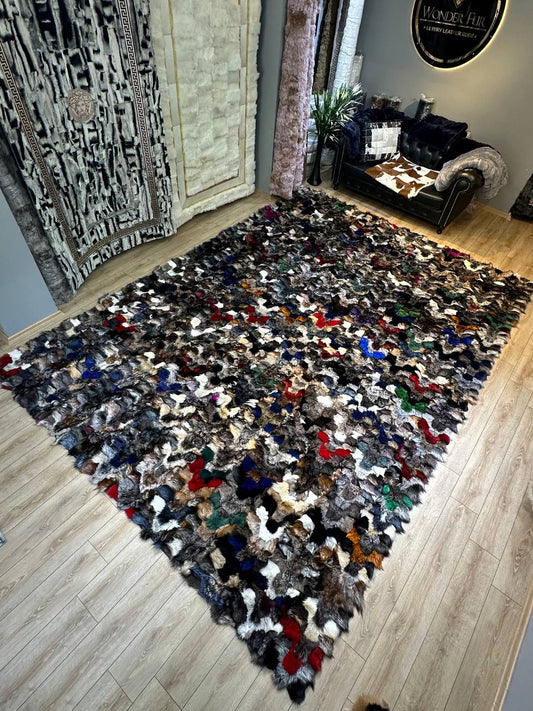 Handmade Natural Multicolor Genuine Fluffy Fox Fur Area 8 x 10 Rug for Child Room
