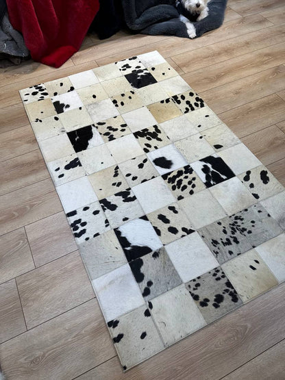 Black and White 100% Genuine Handmade Cow Skin Carpet, Natural Cowhide Patchwork Rug