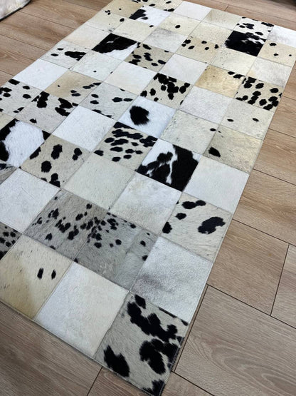 Black and White 100% Genuine Handmade Cow Skin Carpet, Natural Cowhide Patchwork Rug