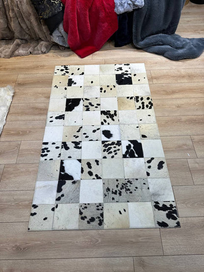 Black and White 100% Genuine Handmade Cow Skin Carpet, Natural Cowhide Patchwork Rug