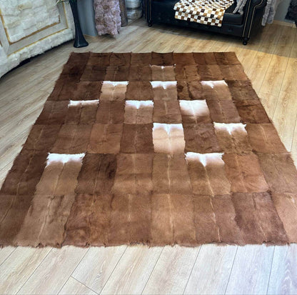 100% Natural Handmade Brown And White Soft Goatskin Fluffy Area Carpet