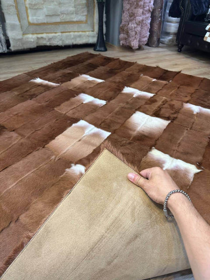 100% Natural Handmade Brown And White Soft Goatskin Fluffy Area Carpet