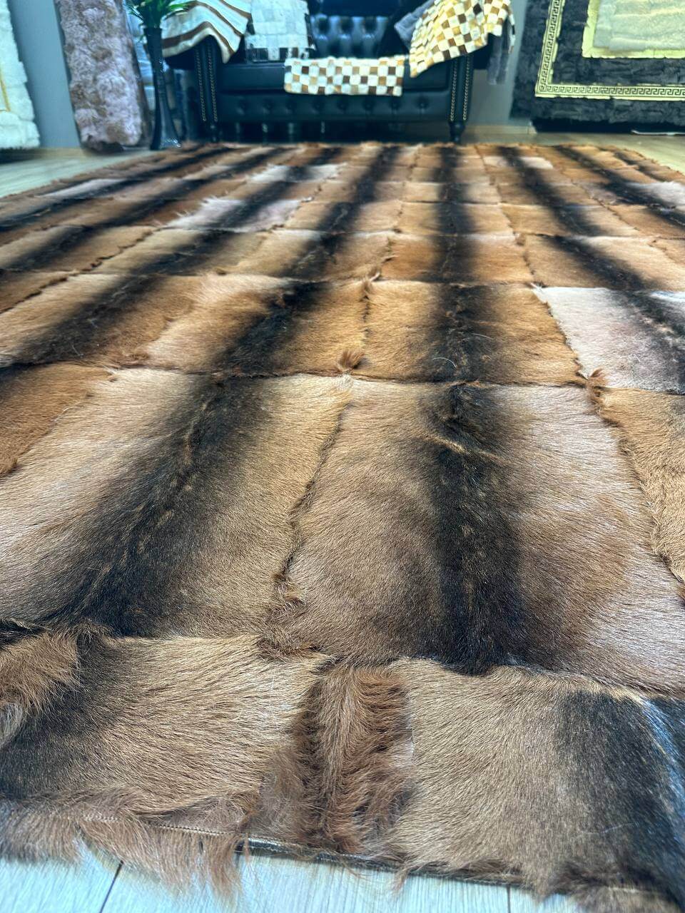 100% Natural Handmade Brown And Black Soft Goatskin Fluffy Area Carpet