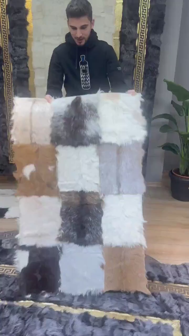 Modern Handmade Multicolor Goatskin Soft Rug , Luxury Fluffy Area Rug