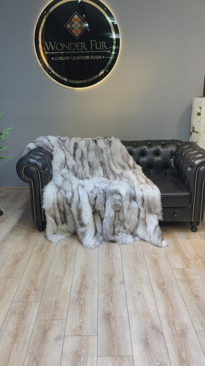 Luxury Canadian Gray Natural Fox Fur Blanket, 100% Handmade Shaggy Throw