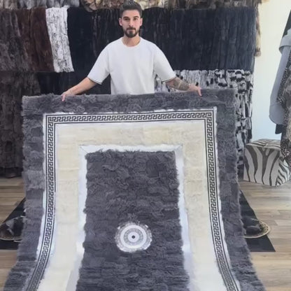 Genuine Grey & Ivory Sheepskin Area Rug with Greek Key Border