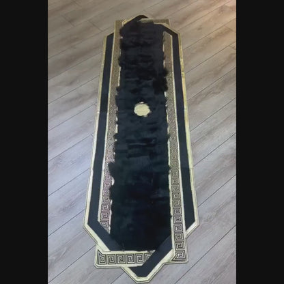 Midnight Black & Gold Handmade Genuine Sheepskin Runner Rug with Greek Key Bor
