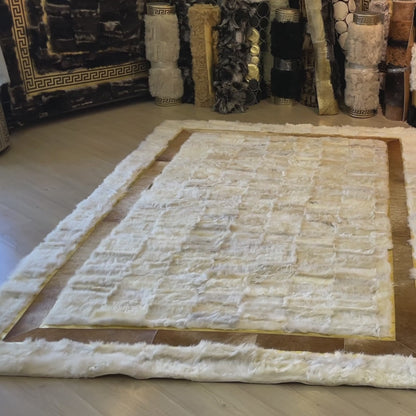 Ivory Genuine Sheepskin Area Rug with Gold Trim Border