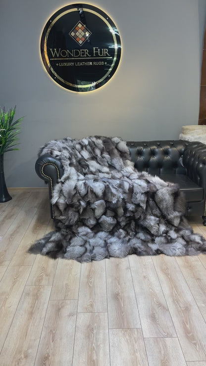 Luxury Gray Real Fox Fur Blanket, Handmade Cozy King Size Throw Blanket