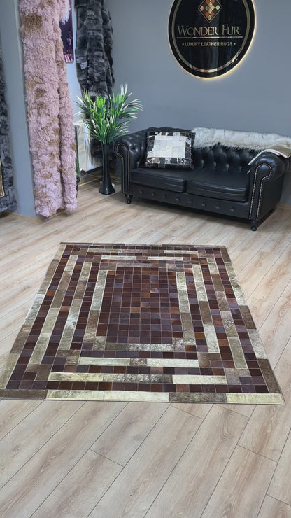 Brown and Gold Natural Cowhide Patchwork Rug, Handmade Large Area Rug