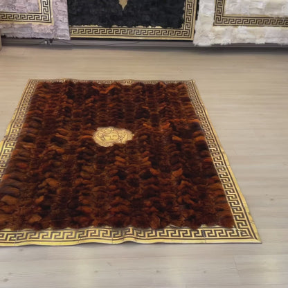 Imperial Brown Fox Fur Rug with Gold Greek Key Border
