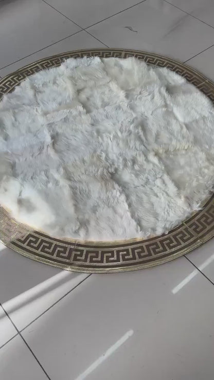 White Gold Round Tuscan Lamb Fur Rug, Real Sheepskin Handmade Rug