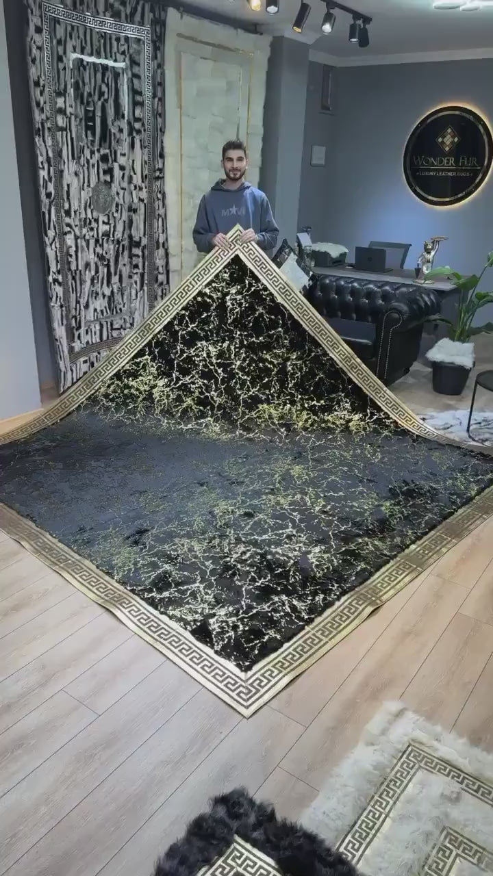 Handmade Elegant Black And Gold Faux Fur Large 10x12 Living Room Rug