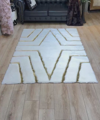 White & Gold Geometric Plush Area Rug