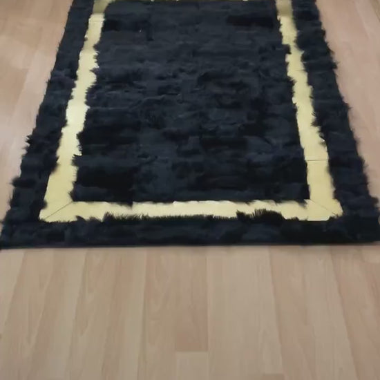 Luxury Handmade Black And Gold Natural Sheepskin 10x12 Living Room Rug
