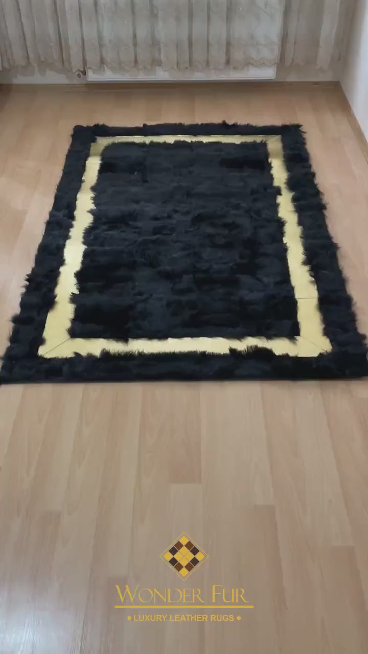 Luxury Handmade Black And Gold Natural Sheepskin 10x12 Living Room Rug