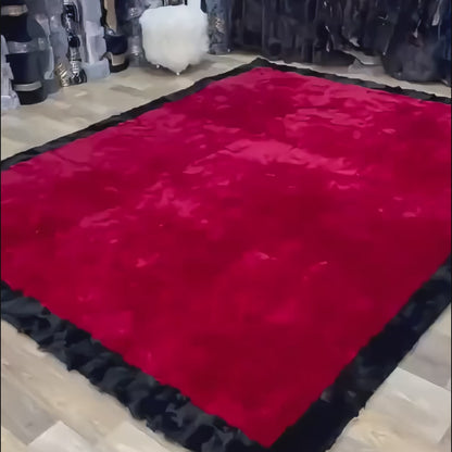 Luxury Handmade Red & Black Rabbit Fur Area Rug