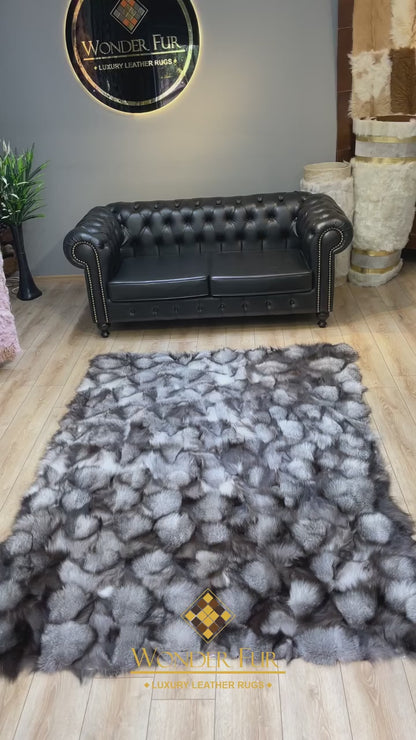 100 % Genuine Brown Mix Color Fox Fur Area Rug, Soft Fluffy Area Rug