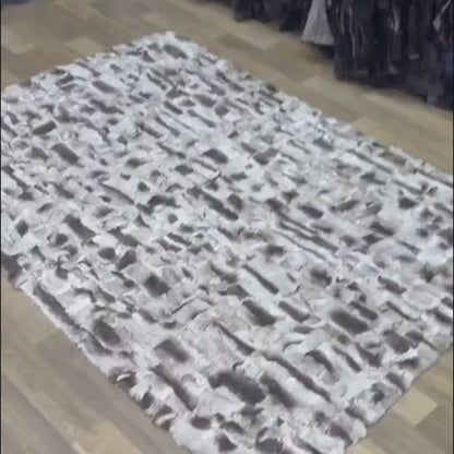 Handmade Gray Rabbit Fur Area Rug with Greek Key Border