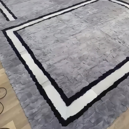 Handmade Gray Rabbit Fur Area Rug with Black & White Border